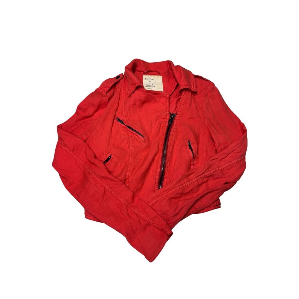 Free People Red Linen Blend Moto Jacket Asymmetrical Zip Womens Size 0